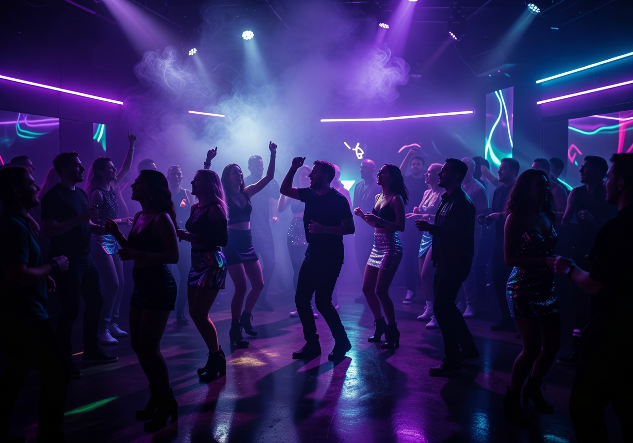 Club scene with purple and blue neon lighting atmosphere