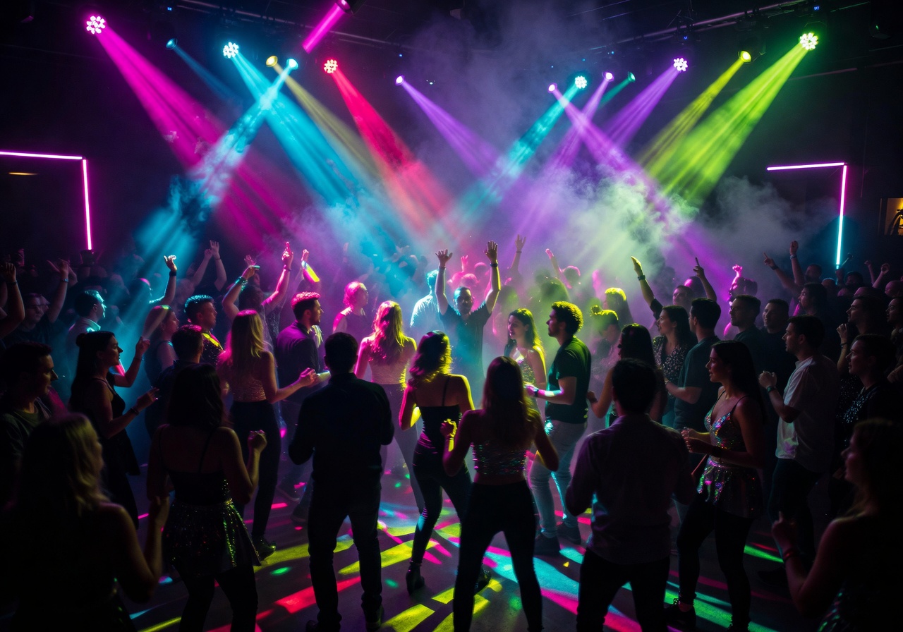 Colorful neon stage lights at a party event
