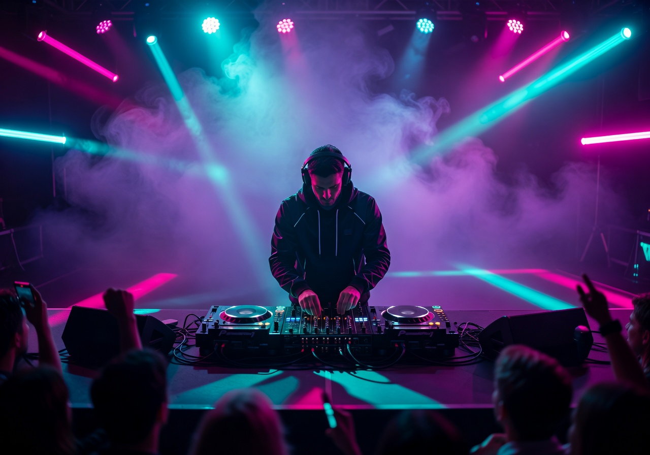DJ performing on a neon-lit stage with colorful lights