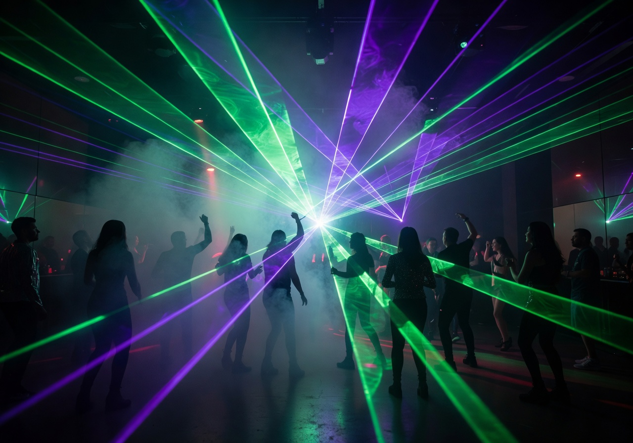 Green and purple laser beams at a neon event