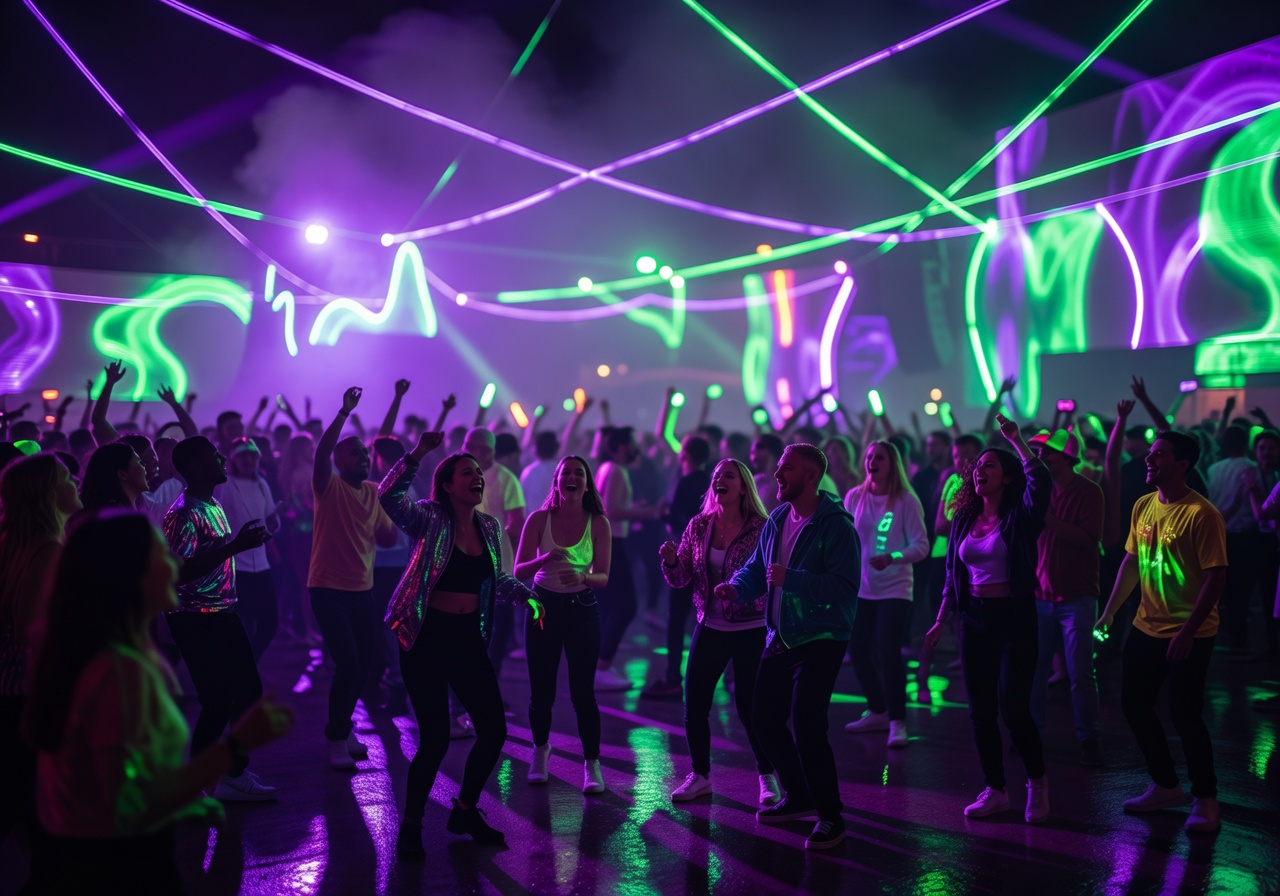 Vibrant neon lights at a party festival with purple and green hues